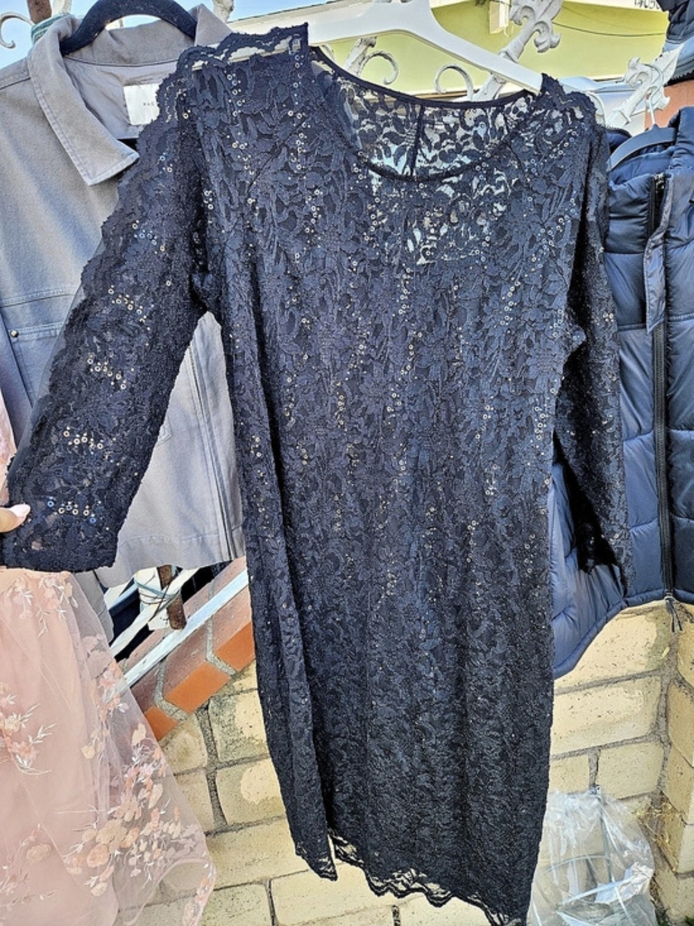 Candalit Women’s Black Lace Midi Dress Size 3X Sheer Sleeves